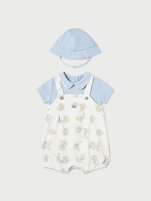 Mayoral Baby Boy Blue Bunny Romper with Sunhat