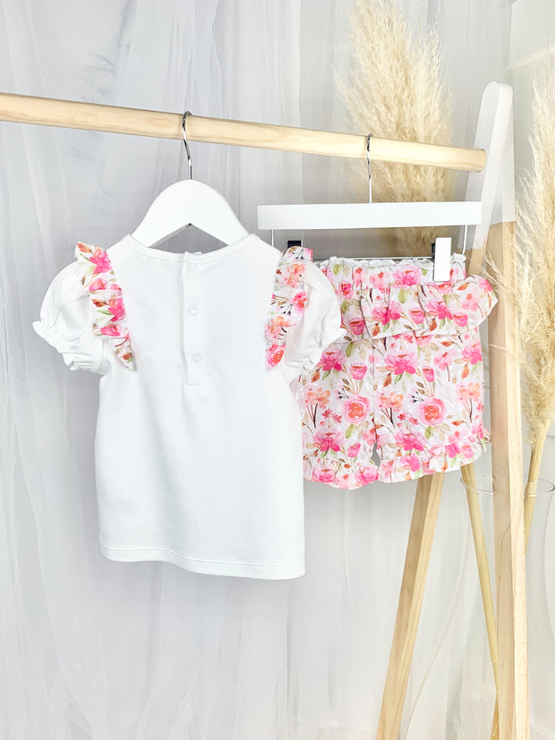 Girls White & Pink Floral Short Set