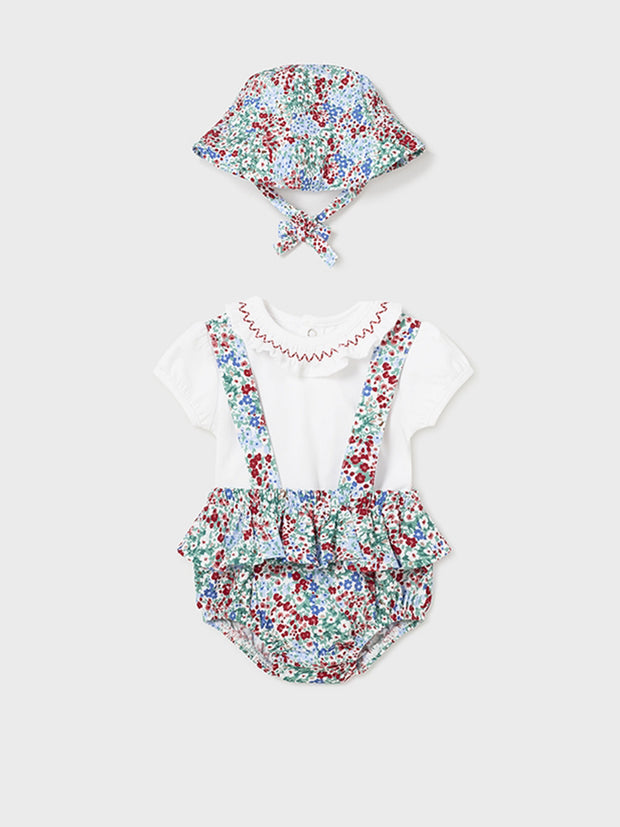 Mayoral Baby Girl Floral Dungaree & Sunhat Outfit Set - 2 Colours