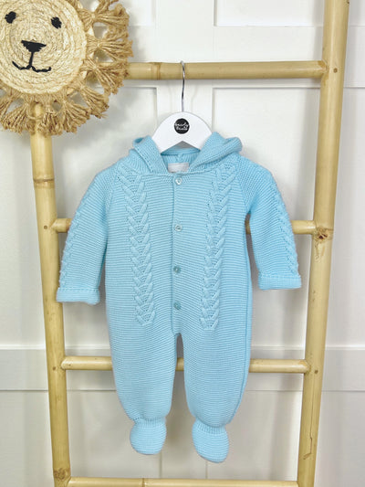 Blue Knitted Pramsuit with Pom Pom Hood