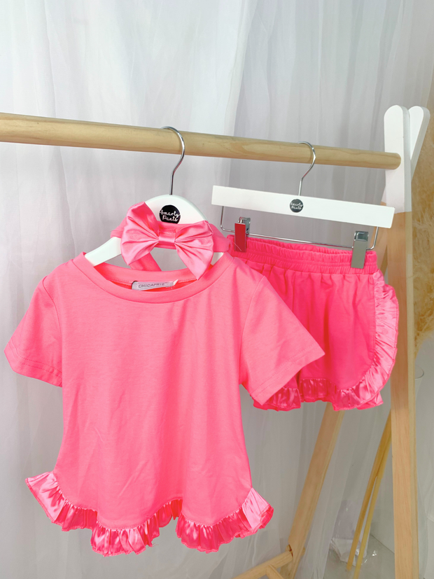 Pink Satin Frill Girls Short Set