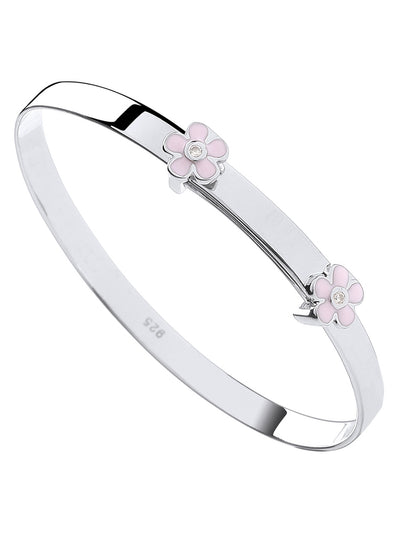 Silver & Pink Enamel & Flowers Expandable Baby Bangle