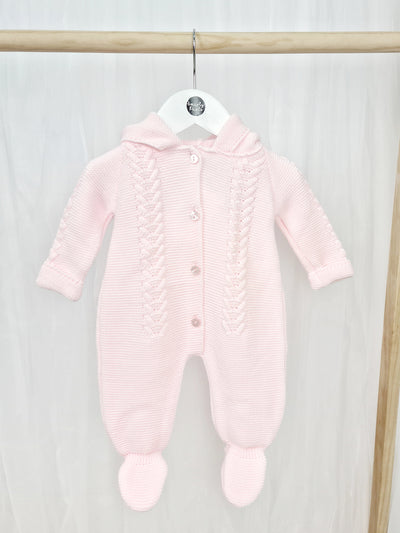Pink Knitted Pramsuit with Pom Pom Hood