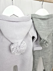 Unisex Grey Knitted Pramsuit with Pom Pom Hood - 2 Shades
