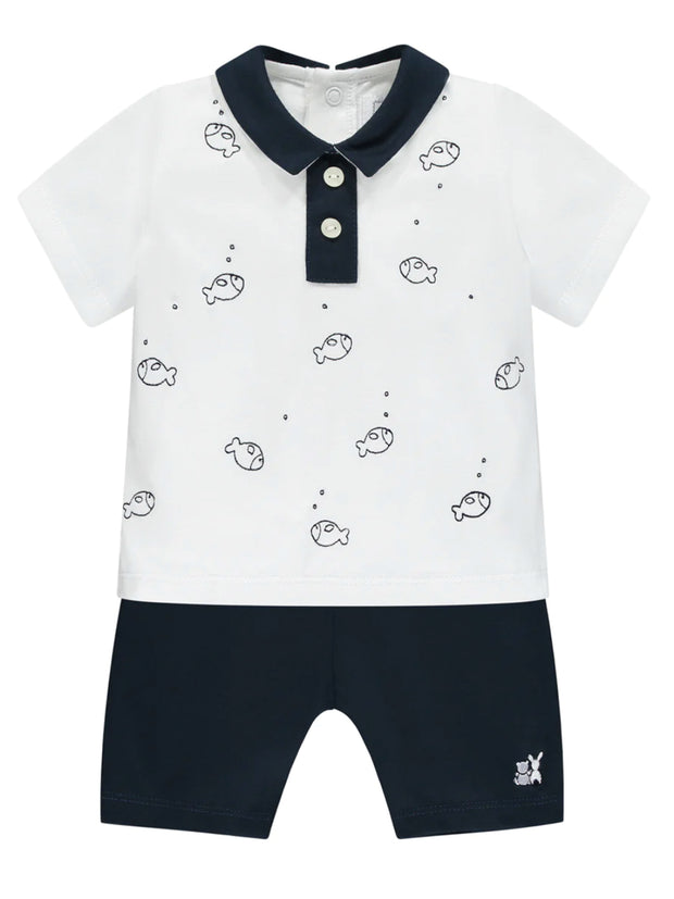 Emile et Rose Deacon White and Navy Fish Short Set with Hat