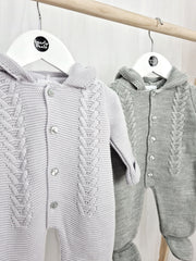 Unisex Grey Knitted Pramsuit with Pom Pom Hood - 2 Shades