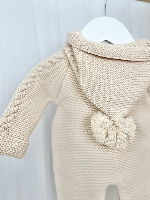 Unisex Taupe Knitted Pramsuit with Pom Pom Hood
