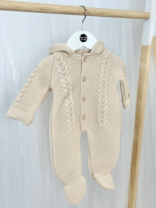Unisex Taupe Knitted Pramsuit with Pom Pom Hood