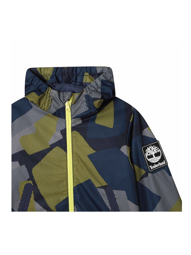 Timberland Junior Navy Hooded Windbreaker with Neon Yellow Pattern