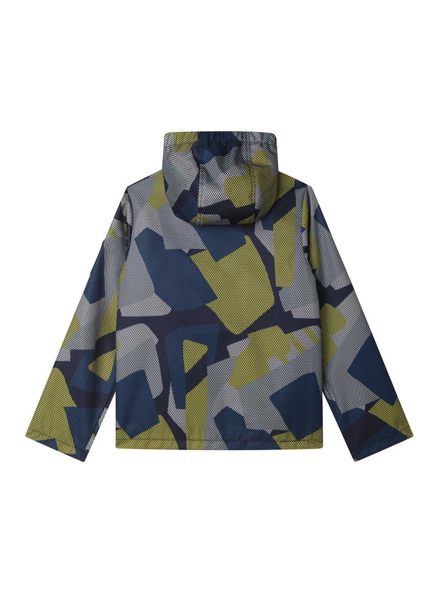 Timberland Junior Navy Hooded Windbreaker with Neon Yellow Pattern