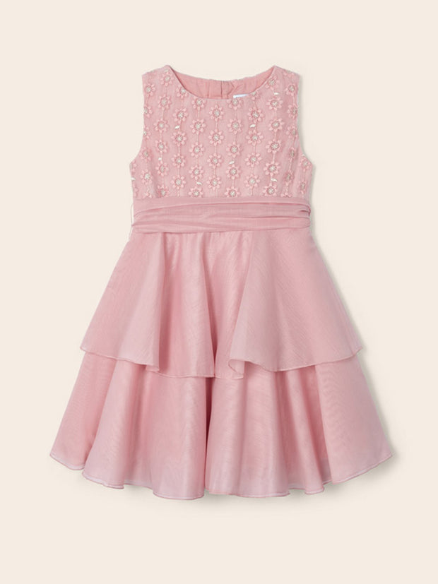 Mayoral Junior Girl Pink Embroidered Flower Layered Dress